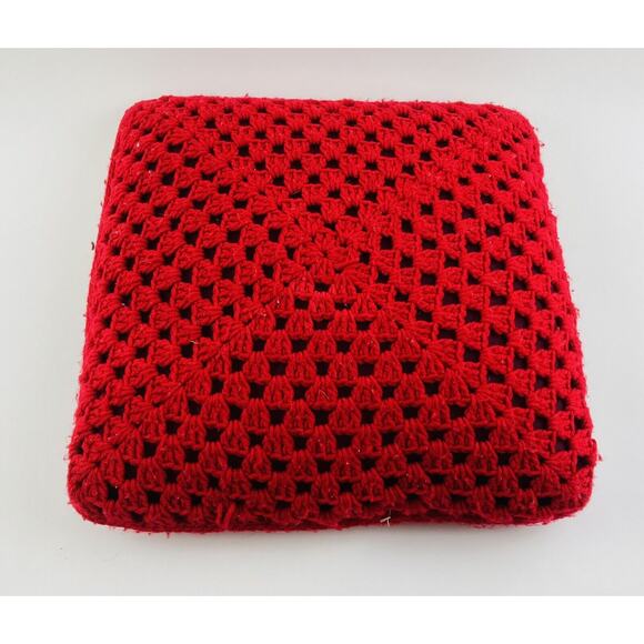 Vintage Pillow Handmade Crochet Knit Boho Granny Retro Red W/ Insert Cover 17” - Picture 6 of 6